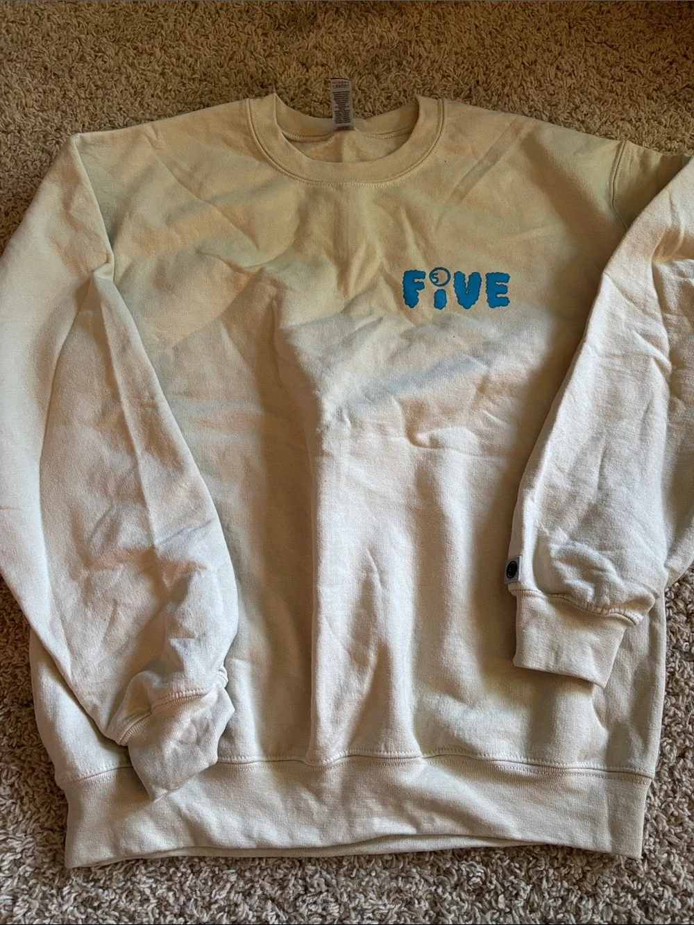 Five Dancewear Beige Crewneck Sweatshirt with Blue 'FIVE' Chest Graphic